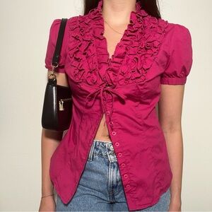 Vintage Ranpage Pink Ruffle Babydoll Button Up Blouse size Medium
